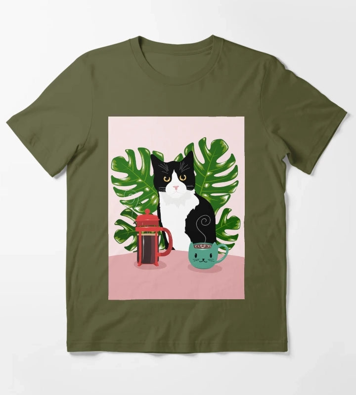 Tuxie Cat and Coffee T-Shirt Olive Green
