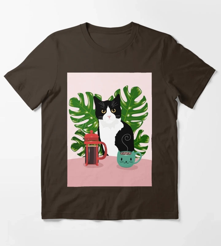 Tuxie Cat and Coffee T-Shirt Brown