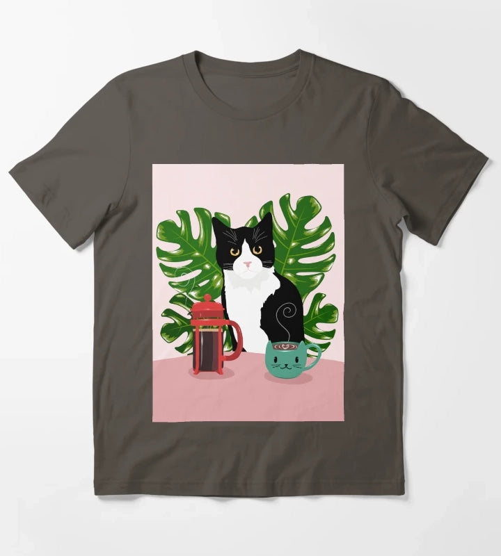 Tuxie Cat and Coffee T-Shirt Dark Grey