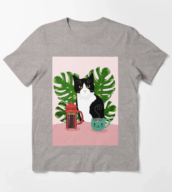 Tuxie Cat and Coffee T-Shirt Heather Grey