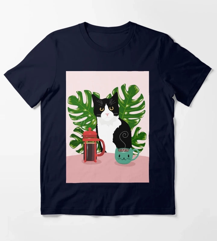 Tuxie Cat and Coffee T-Shirt Navy