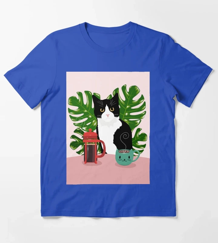 Tuxie Cat and Coffee T-Shirt Blue