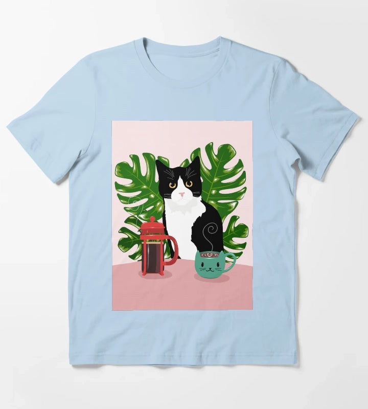 Tuxie Cat and Coffee T-Shirt Sky Blue