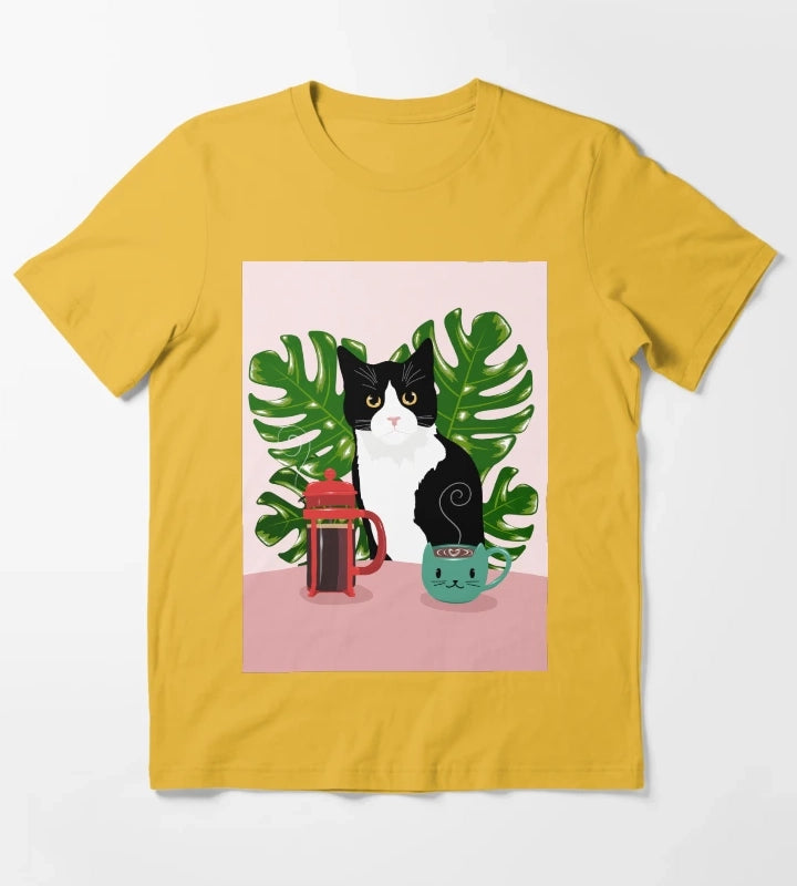 Tuxie Cat and Coffee T-Shirt Yellow