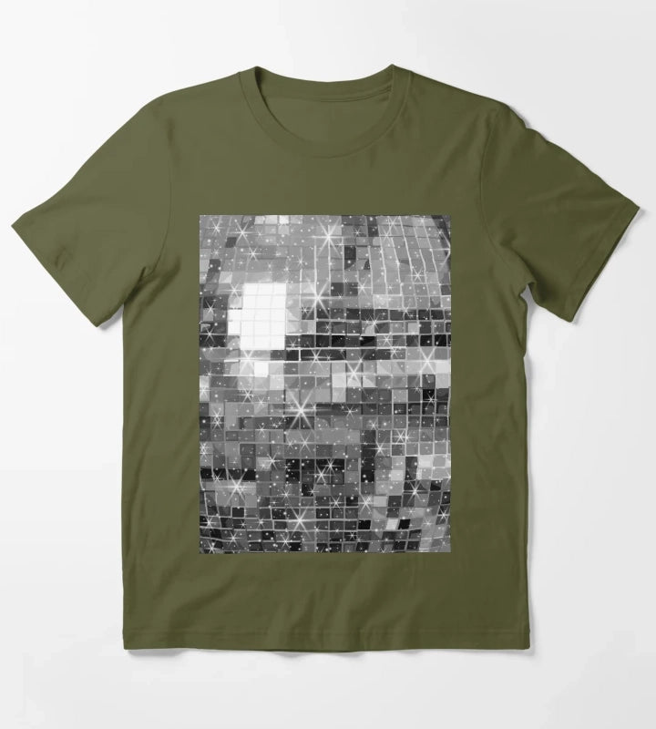 Twinkle Silver Disco Ball All Over Pattern T-Shirt Olive Green