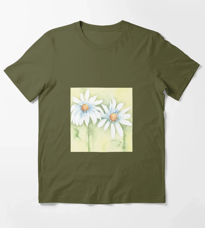 Two White Daisies T-Shirt Olive Green