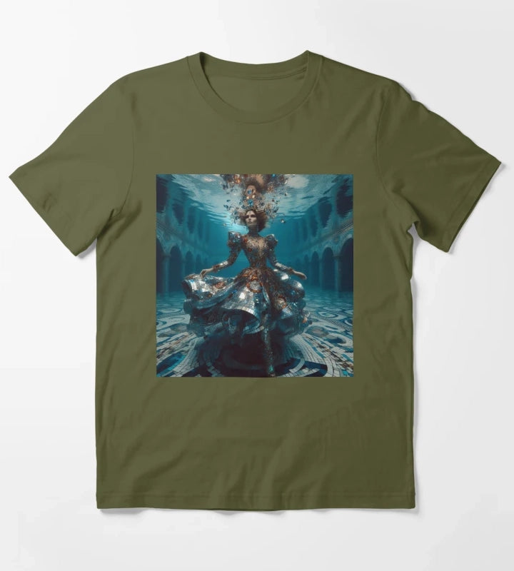 Underwater Disco Queen Mirror Dress Atlantis Sci Fi Fantasy T-Shirt Olive Green