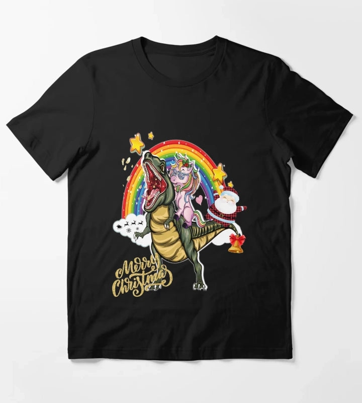 Unicorn and Santa Riding Dinosaurmarry Christmas T-Shirt