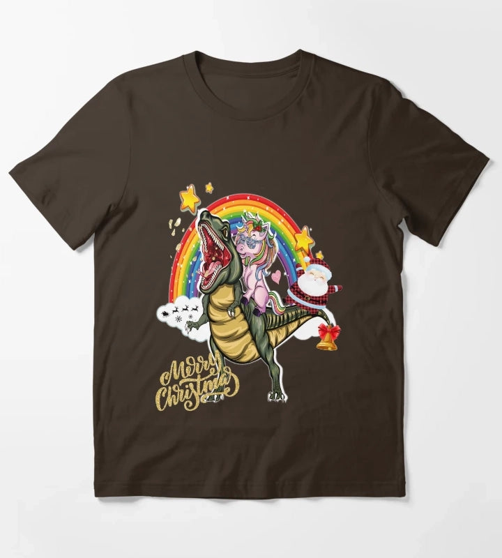 Unicorn and Santa Riding Dinosaurmarry Christmas T-Shirt Brown