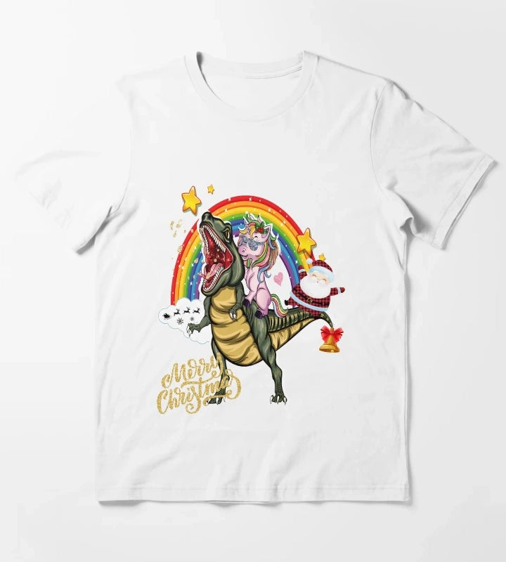 Unicorn and Santa Riding Dinosaurmarry Christmas T-Shirt White