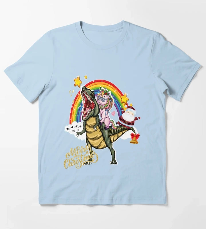 Unicorn and Santa Riding Dinosaurmarry Christmas T-Shirt Sky Blue