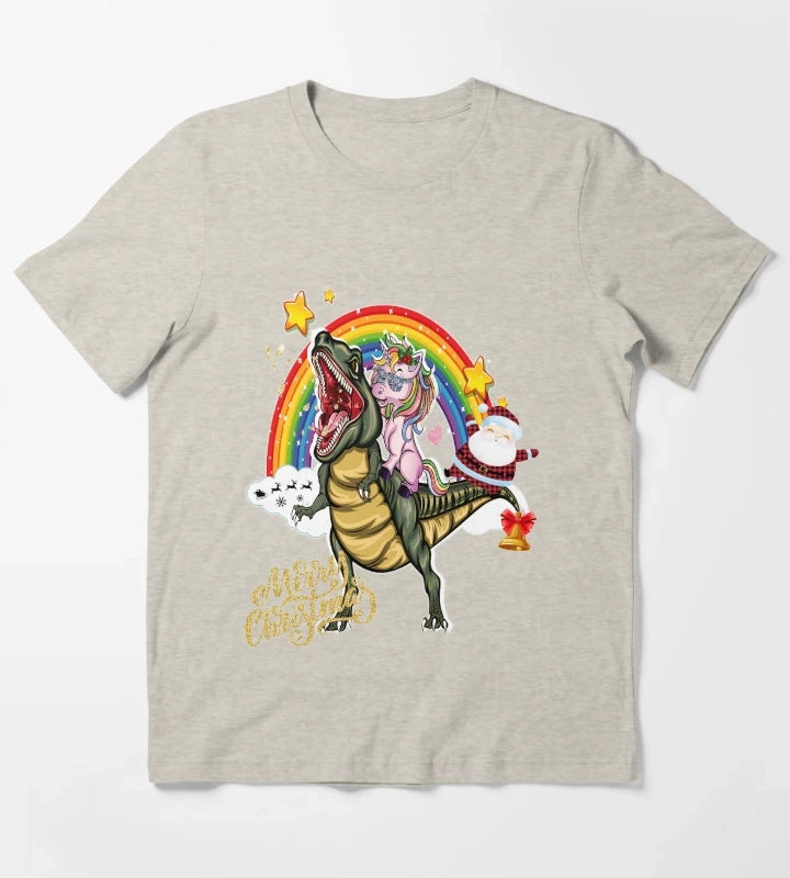 Unicorn and Santa Riding Dinosaurmarry Christmas T-Shirt Cream