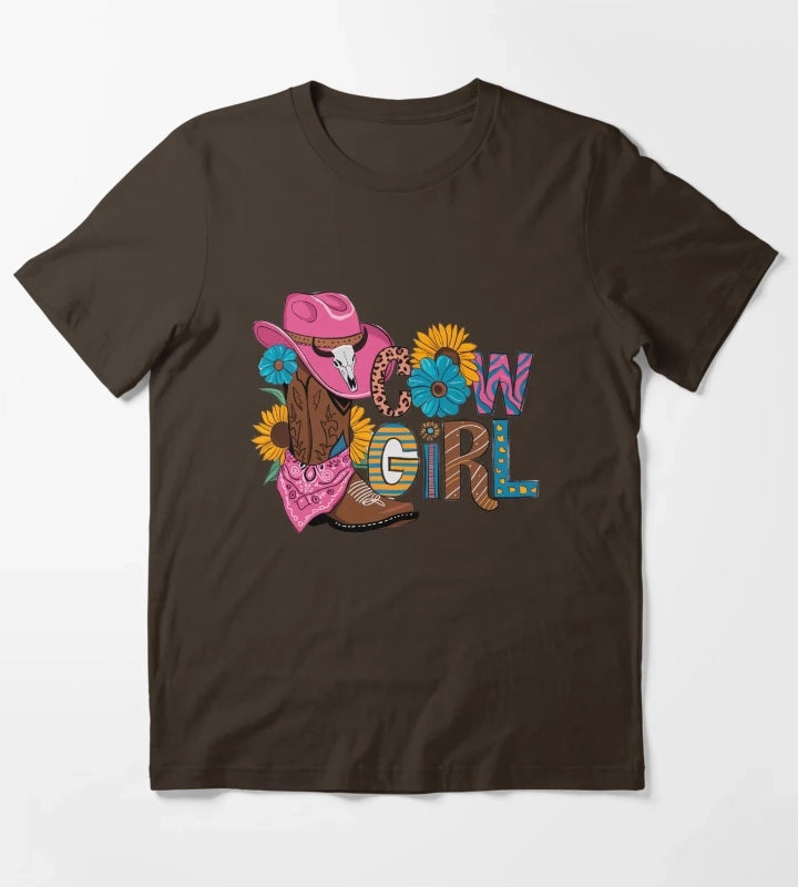 Vibrant Cowgirl Western Boho Style with Sunflowers and Pink Hat T-Shirt Brown