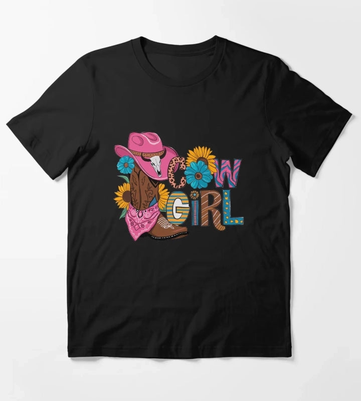 Vibrant Cowgirl Western Boho Style with Sunflowers and Pink Hat T-Shirt