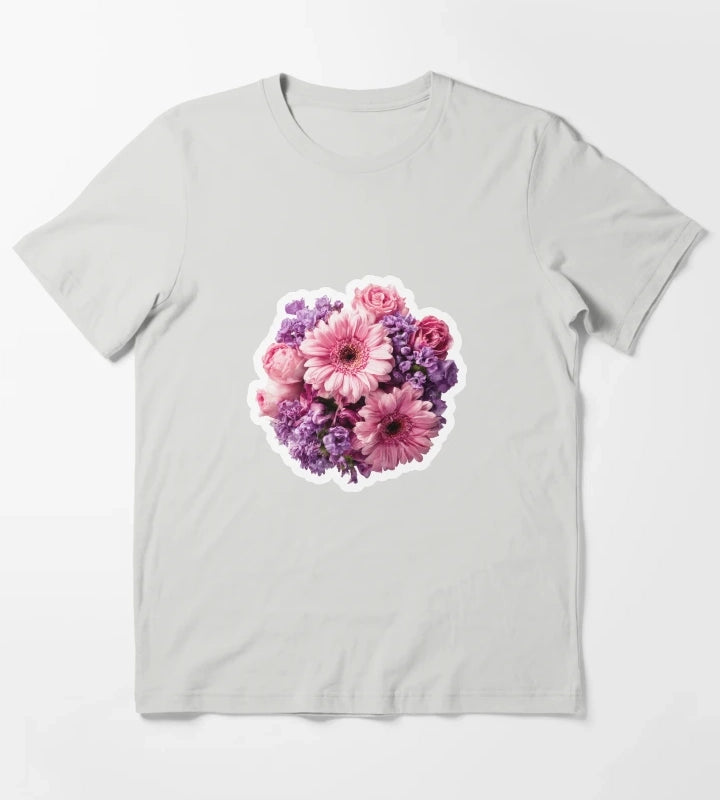 Vibrant Pink Gerbera and Purple Blossom Floral Bouquet Sticker T-Shirt Light Grey