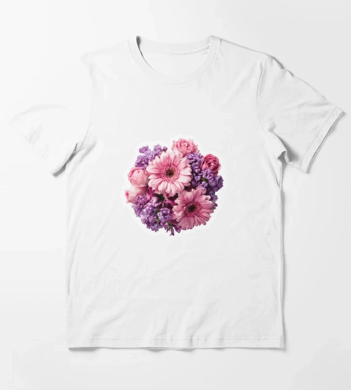 Vibrant Pink Gerbera and Purple Blossom Floral Bouquet Sticker T-Shirt White
