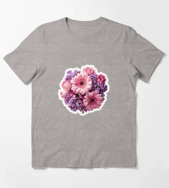 Vibrant Pink Gerbera and Purple Blossom Floral Bouquet Sticker T-Shirt Heather Grey