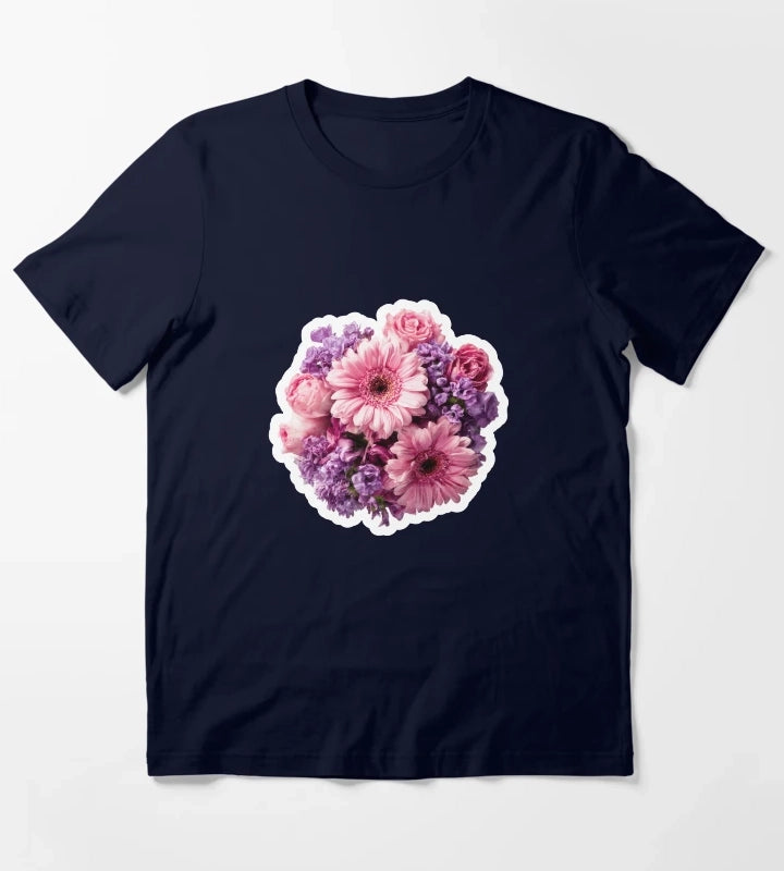 Vibrant Pink Gerbera and Purple Blossom Floral Bouquet Sticker T-Shirt Navy