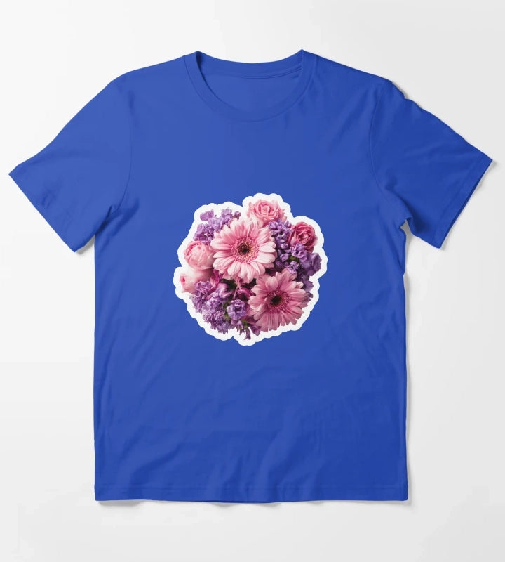 Vibrant Pink Gerbera and Purple Blossom Floral Bouquet Sticker T-Shirt Blue