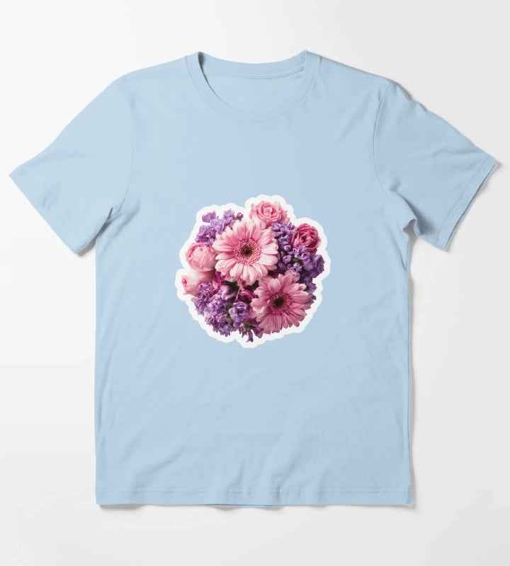 Vibrant Pink Gerbera and Purple Blossom Floral Bouquet Sticker T-Shirt Sky Blue
