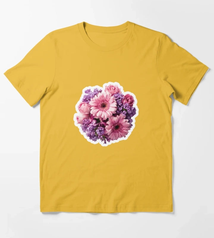 Vibrant Pink Gerbera and Purple Blossom Floral Bouquet Sticker T-Shirt Yellow