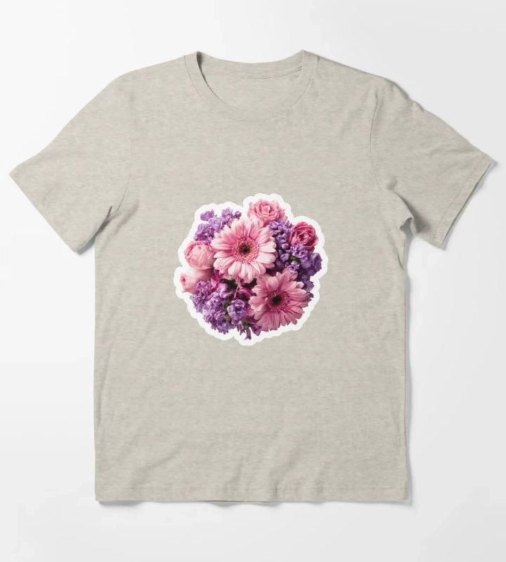 Vibrant Pink Gerbera and Purple Blossom Floral Bouquet Sticker T-Shirt Cream