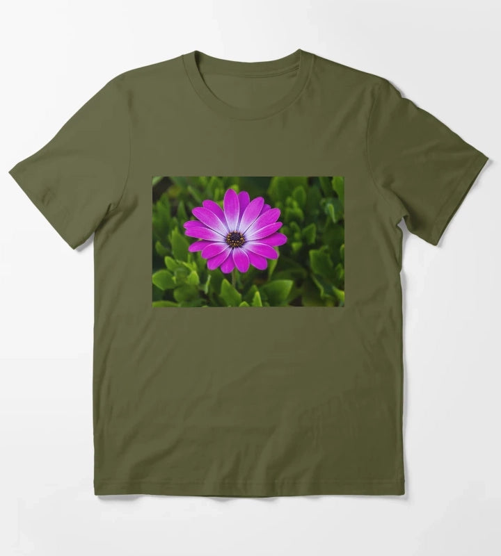 Vibrant Purple Daisy Blooming CloseUp Over Green Garden Leaves Pink Osteospermum Flower T-Shirt Olive Green