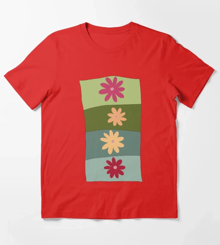 Vibrant colour hand drawn floral design T-Shirt Red