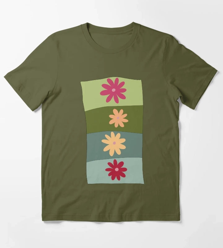 Vibrant colour hand drawn floral design T-Shirt Olive Green