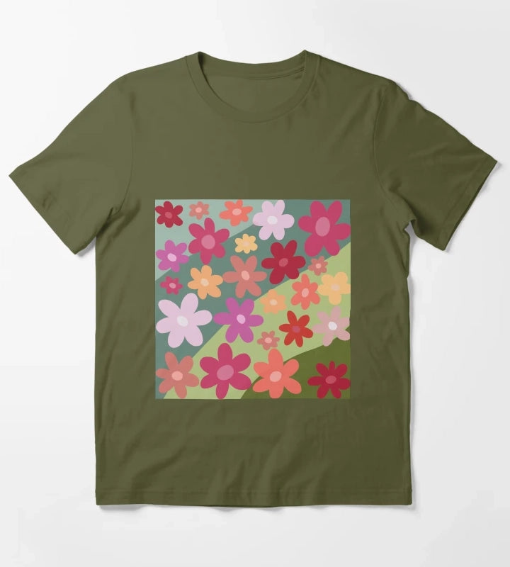 Vibrant hand drawn floral design T-Shirt Olive Green