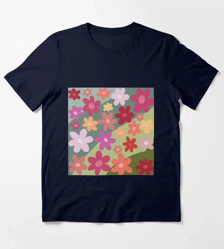 Vibrant hand drawn floral design T-Shirt Navy