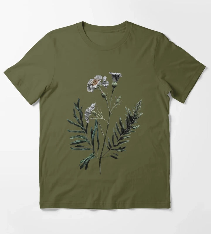 Victorian Daisy Flower T-Shirt Olive Green