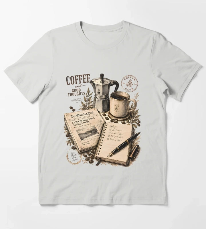 Vintage Coffee Morning Lifestyle Collage T-Shirt Light Grey