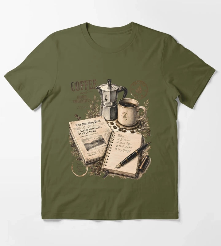 Vintage Coffee Morning Lifestyle Collage T-Shirt Olive Green