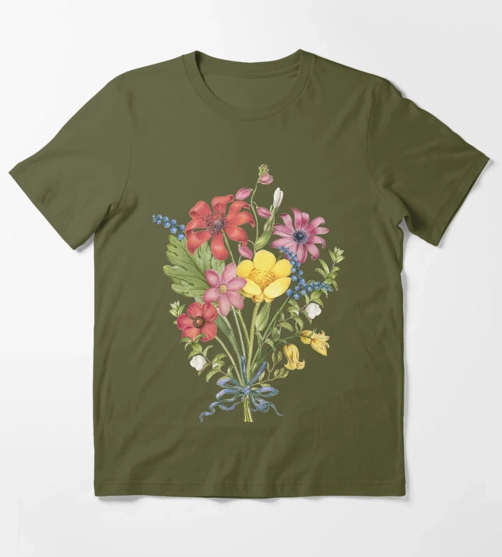 Vintage Colorful Daisy Flowers T-Shirt Olive Green
