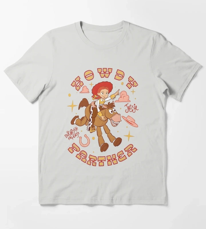 Vintage Cowgirl Adventure Cartoon Character Design T-Shirt Light Grey