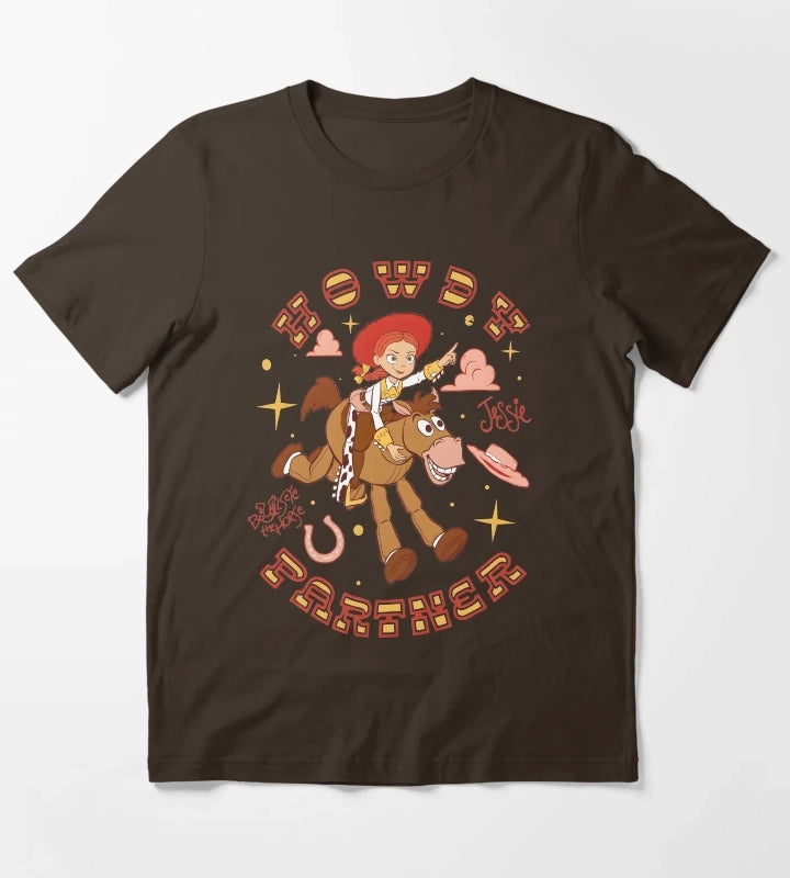 Vintage Cowgirl Adventure Cartoon Character Design T-Shirt Brown