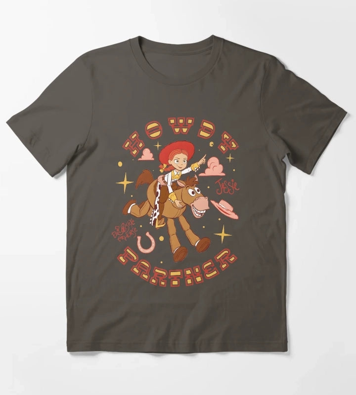Vintage Cowgirl Adventure Cartoon Character Design T-Shirt Dark Grey