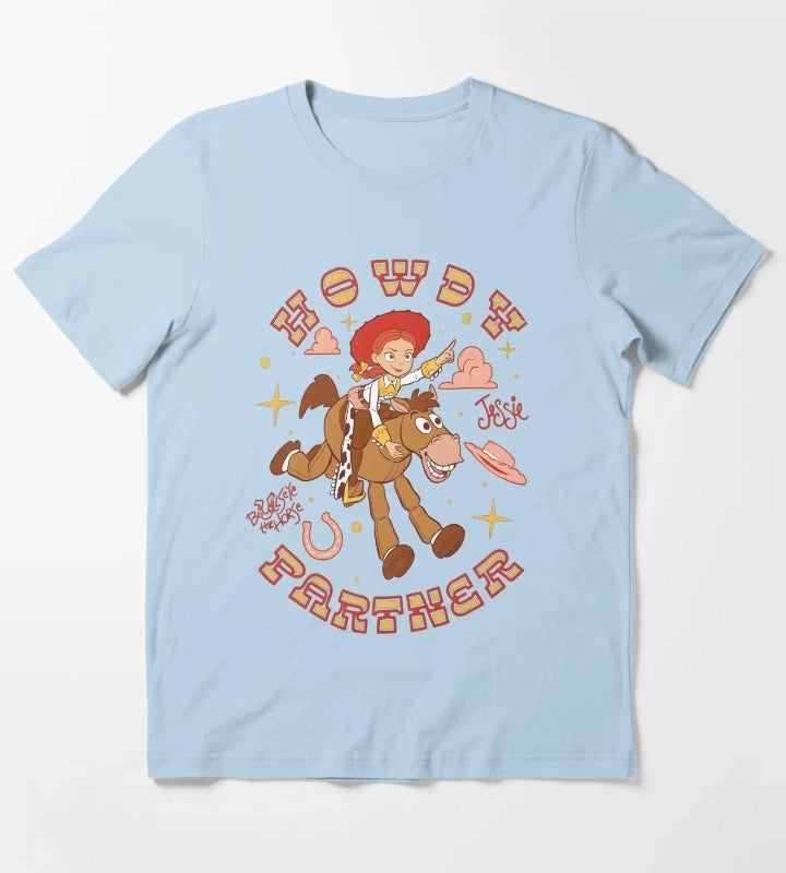 Vintage Cowgirl Adventure Cartoon Character Design T-Shirt Sky Blue