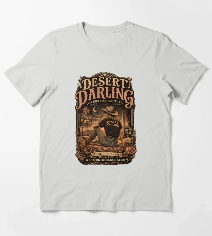 Vintage Cowgirl Western Graphic Desert Motel Americana Style T-Shirt Light Grey