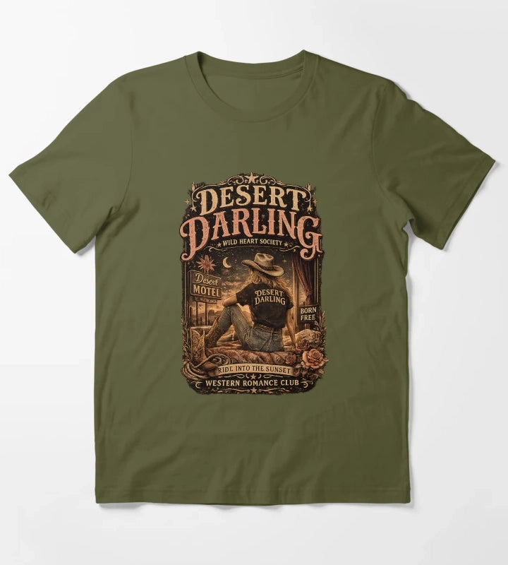 Vintage Cowgirl Western Graphic Desert Motel Americana Style T-Shirt Olive Green