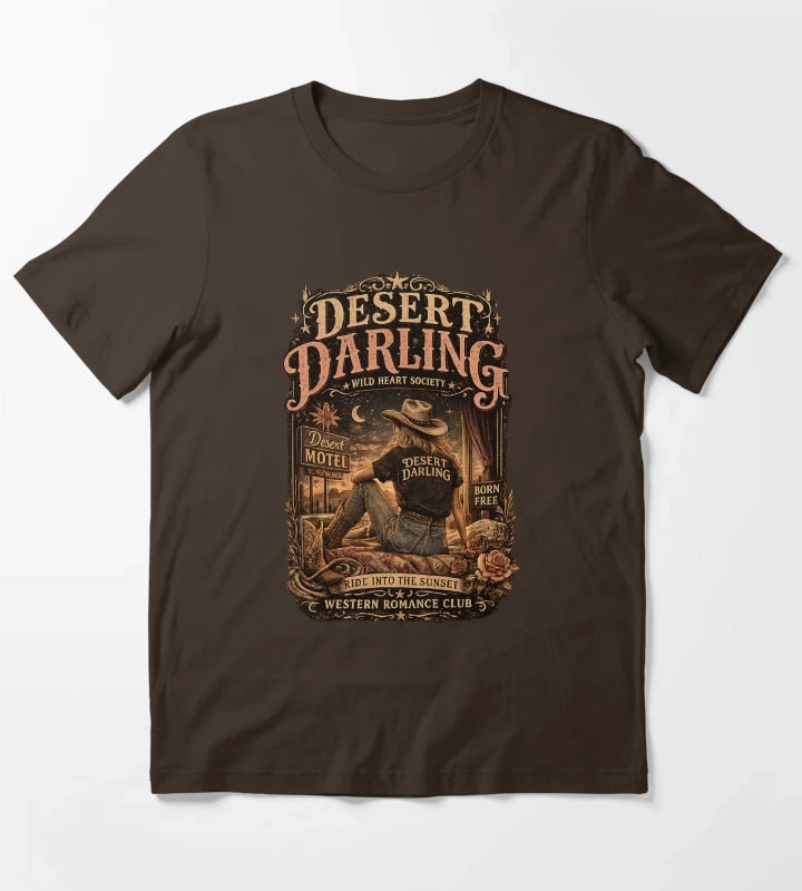 Vintage Cowgirl Western Graphic Desert Motel Americana Style T-Shirt Brown
