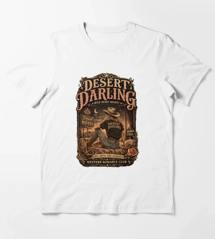 Vintage Cowgirl Western Graphic Desert Motel Americana Style T-Shirt White