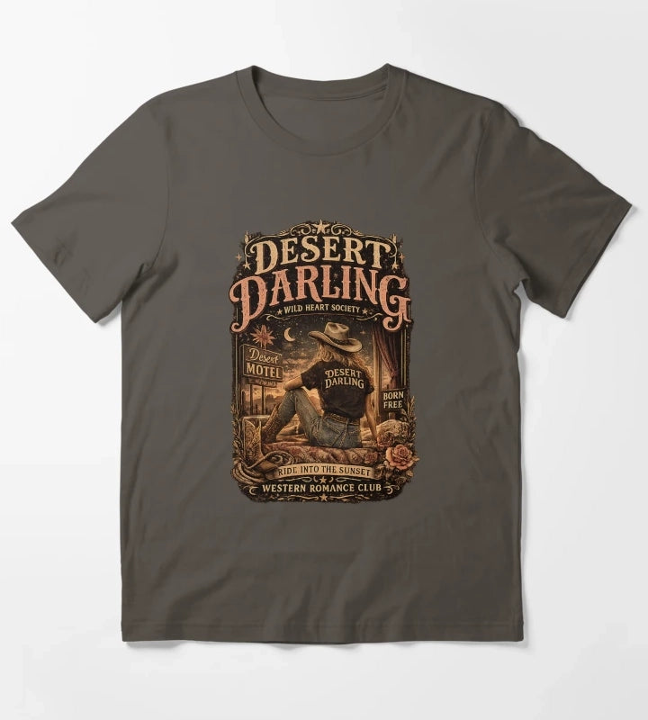 Vintage Cowgirl Western Graphic Desert Motel Americana Style T-Shirt Dark Grey