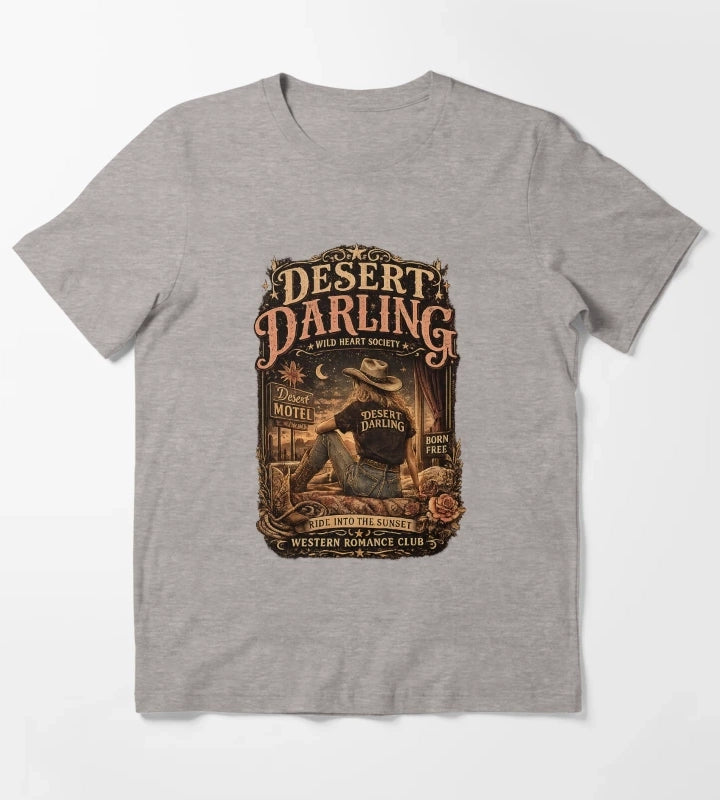 Vintage Cowgirl Western Graphic Desert Motel Americana Style T-Shirt Heather Grey