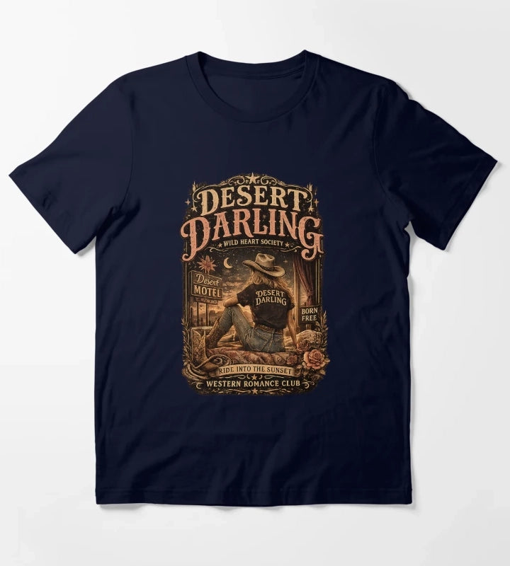 Vintage Cowgirl Western Graphic Desert Motel Americana Style T-Shirt Navy