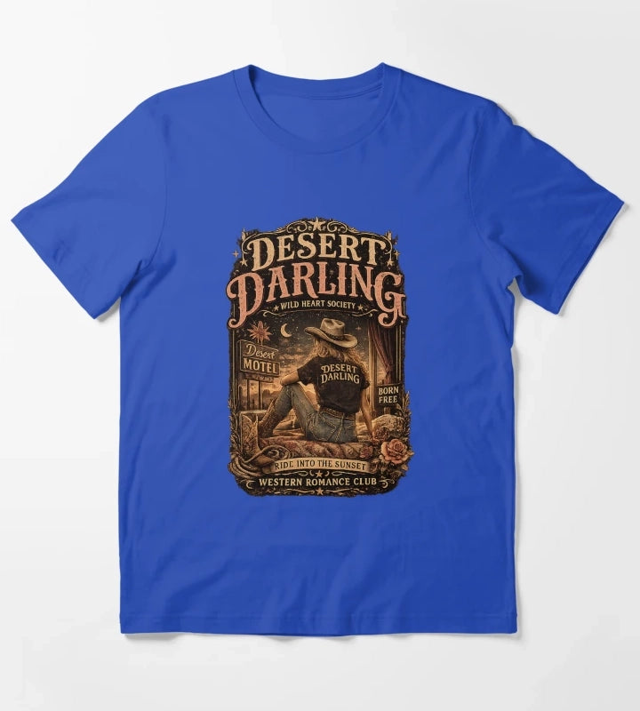 Vintage Cowgirl Western Graphic Desert Motel Americana Style T-Shirt Blue