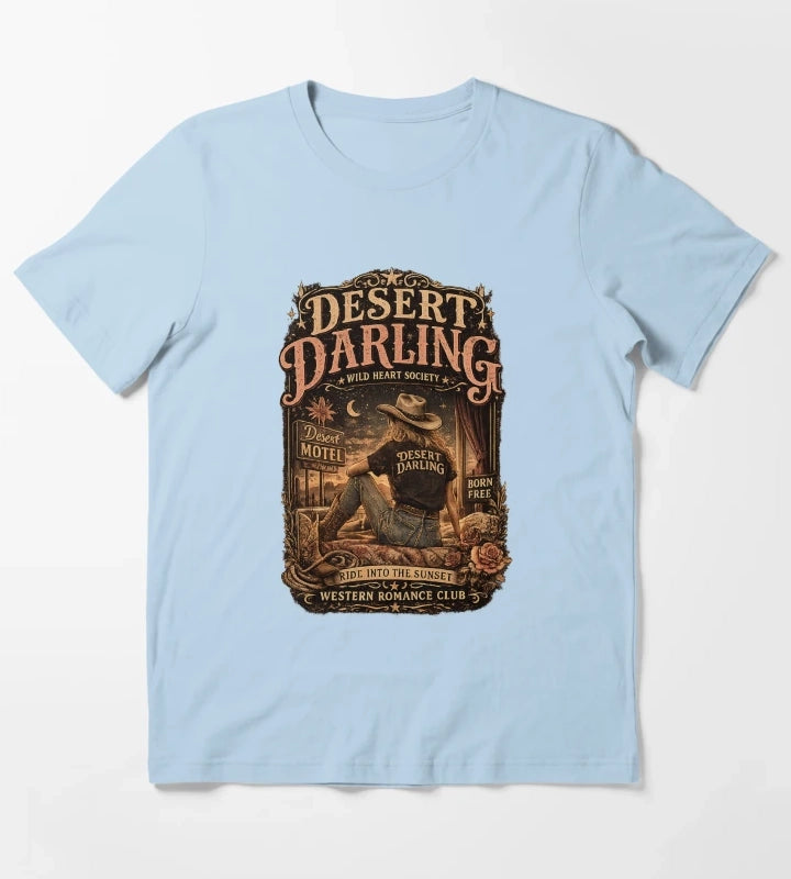 Vintage Cowgirl Western Graphic Desert Motel Americana Style T-Shirt Sky Blue