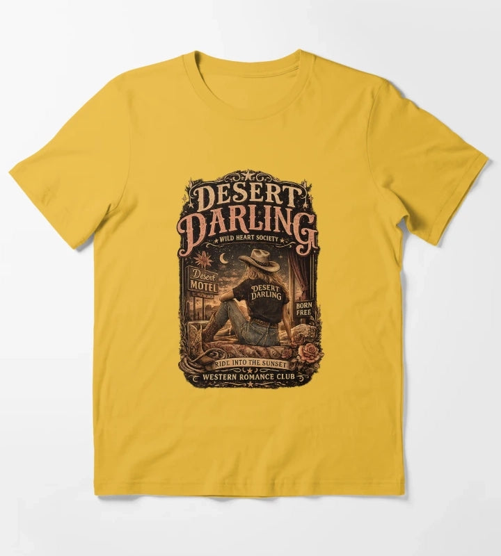 Vintage Cowgirl Western Graphic Desert Motel Americana Style T-Shirt Yellow