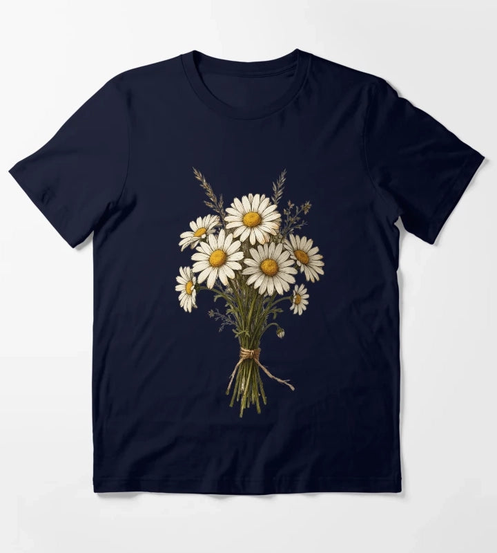Vintage Daisy Bouquet Illustration Botanical Wildflower Art T-Shirt Navy